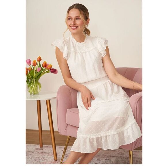 CeCe Dresses & Skirts - CeCe Women's Ruffled Flutter Sleeve Swiss Dot Midi Dress large summer vacation